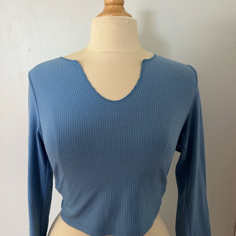 Blue Ribbed Long Sleeve Top